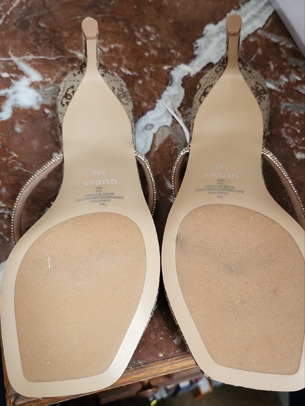 GUESS Beige Logo Patterned Flip-Flop Sandals with Metallic Straps - Picture 2 of 2